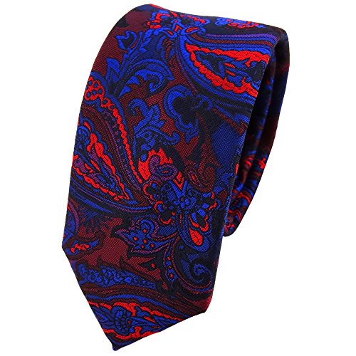 TigerTie - schmale Designer Krawatte in blau rot weinrot lila schwarz Paisley gemustert von TigerTie