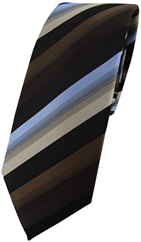 TigerTie - schmale Designer Krawatte in braun dunkelbraun blau beige schwarz gestreift von TigerTie