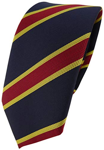 TigerTie - schmale Designer Krawatte in dunkelblau schwarzblau rot gold gestreift von TigerTie