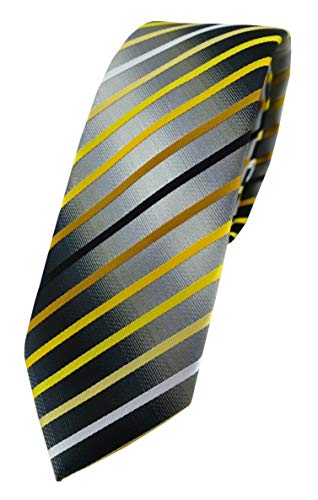TigerTie - schmale Designer Krawatte in gelb gold braun weiss silbergrau schwarz gestreift von TigerTie