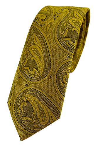 TigerTie - schmale Designer Krawatte in gold schwarz Paisley gemustert von TigerTie