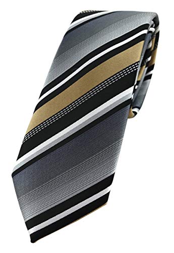 TigerTie - schmale Designer Krawatte in gold silber grau weiss schwarz gestreift von TigerTie