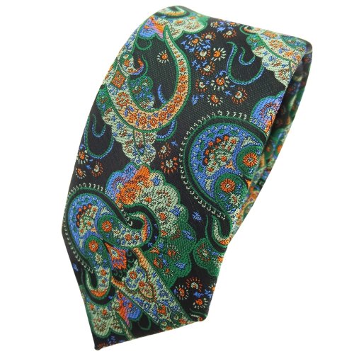 TigerTie - schmale Designer Krawatte in grün dunkelgrün orange blau Paisley gemustert von TigerTie