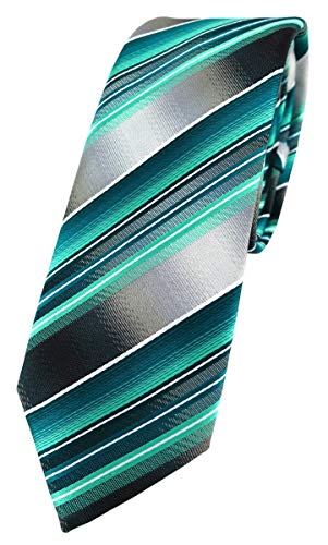 TigerTie - schmale Designer Krawatte in grün dunkelgrün silber anthrazit grau gestreift von TigerTie