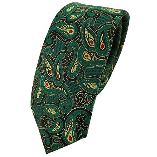 TigerTie schmale Designer Krawatte in grün rot gold schwarz Paisley gemustert von TigerTie