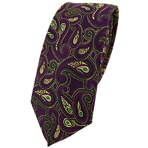 TigerTie schmale Designer Krawatte in lila gold grün schwarz Paisley gemustert von TigerTie