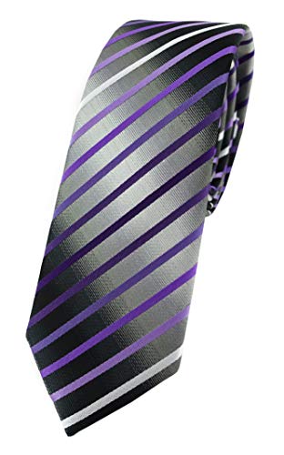 TigerTie - schmale Designer Krawatte in lila violett flieder silbergrau schwarz gestreift von TigerTie