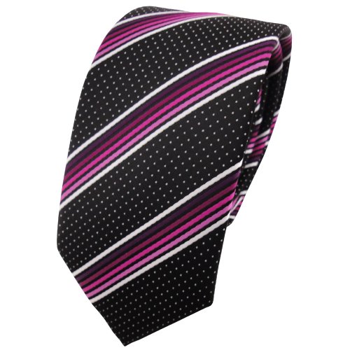 TigerTie - schmale Designer Krawatte in magenta rosa silberweiss schwarz gestreift von TigerTie