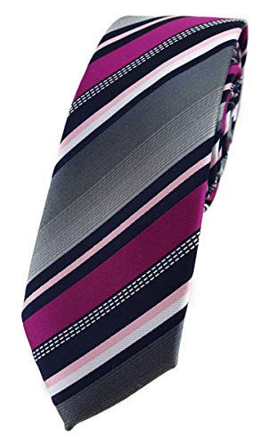 TigerTie - schmale Designer Krawatte in magenta silber grau weiss schwarz gestreift von TigerTie