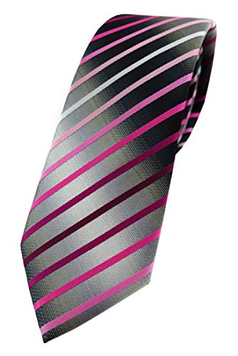 TigerTie - schmale Designer Krawatte in rosa magenta pink weiss silbergrau schwarz gestreift von TigerTie