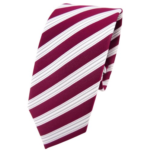 TigerTie - schmale Designer Krawatte in rot beere weinrot silber weiß gestreift von TigerTie