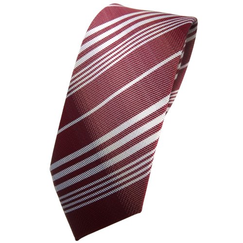 TigerTie - schmale Designer Krawatte in rot bordeaux weinrot silber grau gestreift von TigerTie