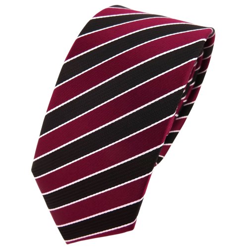 TigerTie - schmale Designer Krawatte in rot weinrot bordeaux schwarz silber gestreift von TigerTie