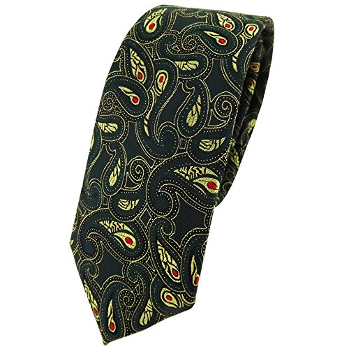 TigerTie schmale Designer Krawatte in tannengrün gold rot schwarz Paisley gemustert von TigerTie