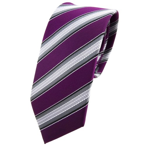 TigerTie - schmale Designer Krawatte in violett lila purpur grau silber schwarz gestreift von TigerTie