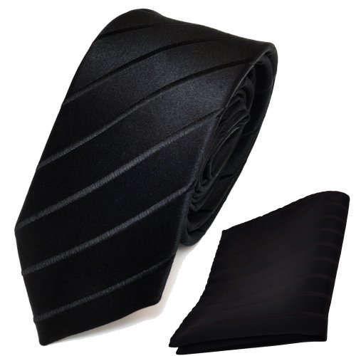 TigerTie schmale Designer Seidenkrawatte + Einstecktuch in schwarz gestreift - Krawatte von TigerTie