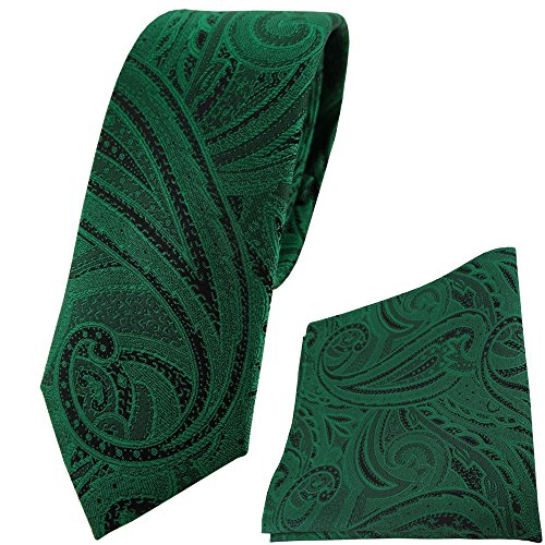 TigerTie schmale Designer Seidenkrawatte + Seideneinstecktuch in grün smaragdgrün schwarz Paisley gemustert von TigerTie