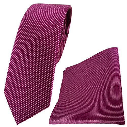 TigerTie schmale Designer Seidenkrawatte + Seideneinstecktuch in magenta silber gestreift von TigerTie