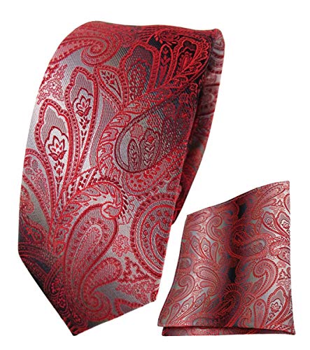 TigerTie - schmale Designer Seidenkrawatte Seideneinstecktuch in rot verkehrsrot anthrazit grau Paisley gemustert TigerTie - schmale Designer Seidenkrawatte Seideneinstecktuch in rot verkehrsrot anthrazit grau Paisley gemustert von TigerTie