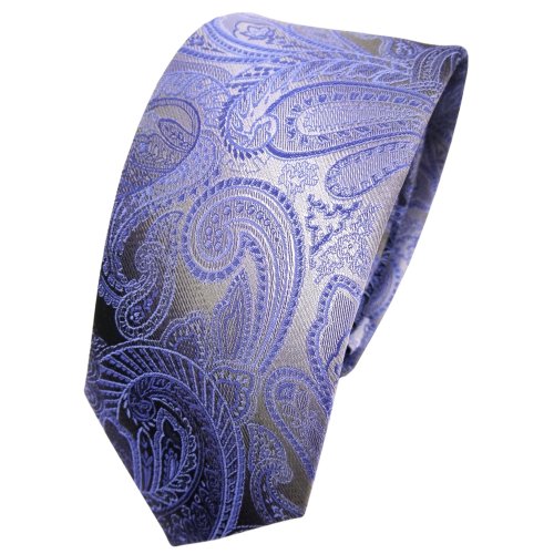 TigerTie - schmale Designer Seidenkrawatte in blau hellblau anthrazit grau Paisley gemustert von TigerTie