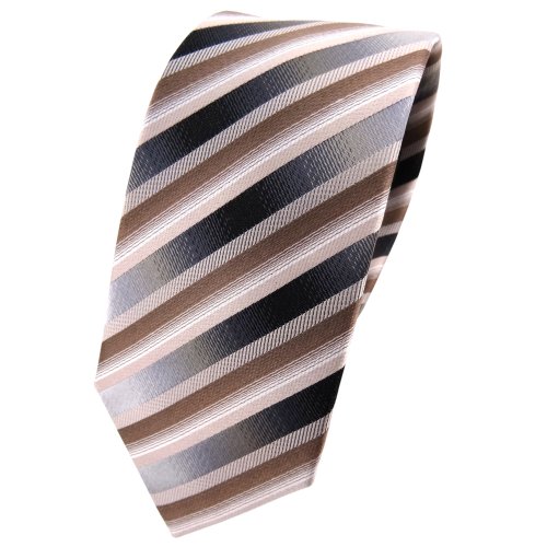 TigerTie - schmale Designer Seidenkrawatte in braun anthrazit silber gestreift von TigerTie