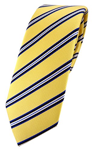TigerTie schmale Designer Seidenkrawatte in gelb hellgold blau schwarz weiß gestreift - Krawatte 100% Seide von TigerTie