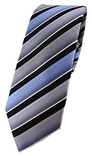 TigerTie schmale Designer Seidenkrawatte in grau blau schwarz silber gestreift - Krawatte 100% Seide von TigerTie