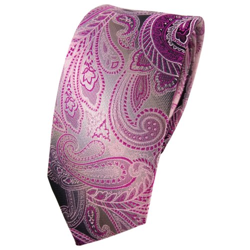 TigerTie - schmale Designer Seidenkrawatte in lila magenta anthrazit grau Paisley gemustert von TigerTie