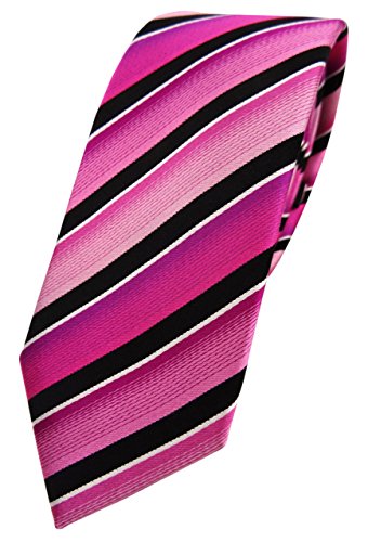 TigerTie schmale Designer Seidenkrawatte in magenta rosa pink schwarz silber gestreift - Krawatte 100% Seide von TigerTie
