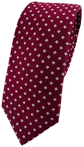 TigerTie schmale Designer Seidenkrawatte weinrot bordeaux silber gepunktet mit Vierecken von TigerTie