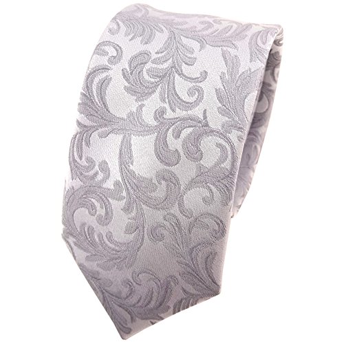 TigerTie schmale Hochzeit Seidenkrawatte silber Rankenmuster Uni - Krawatte 100% Seide von TigerTie