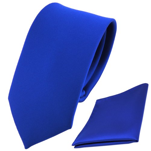 TigerTie - schmale Kinderkrawatte + Einstecktuch in Satin blau marine royal uni einfarbig von TigerTie