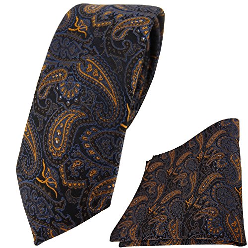 TigerTie schmale Krawatte + Einstecktuch in braun bronze gold blau schwarz Paisley gemustert TigerTie schmale Krawatte + Einstecktuch in braun bronze gold blau schwarz Paisley gemustert von TigerTie