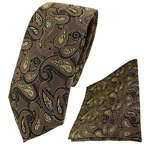 TigerTie schmale Krawatte + Einstecktuch in braun gold blau schwarz Paisley von TigerTie