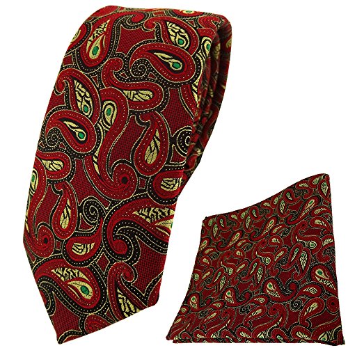 TigerTie schmale Krawatte + Einstecktuch in rot gold grün schwarz Paisley von TigerTie