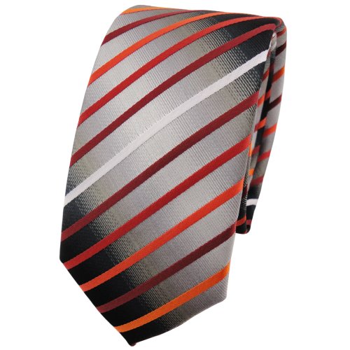 TigerTie schmale Krawatte orange silber grau weiß schwarz gestreift - Schlips Binder Tie von TigerTie