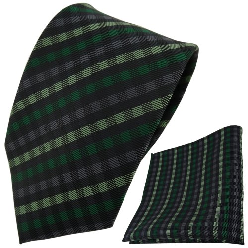 TigerTie schöne Designer Krawatte + Einstecktuch grün anthrazit schwarz gestreift von TigerTie
