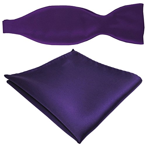 TigerTie schöne Satin Selbstbinder Fliege + Einstecktuch in dunkles lila violett Uni einfarbig von TigerTie