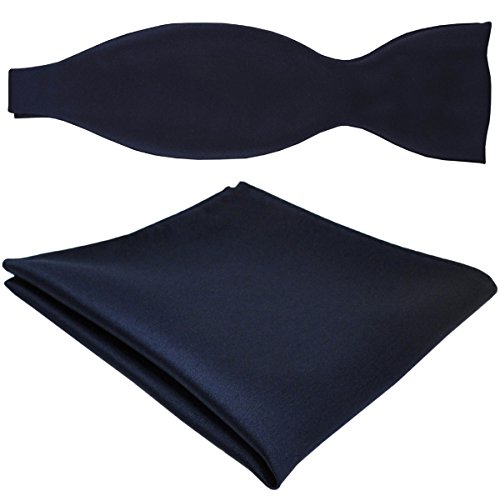 TigerTie schöne Satin Selbstbinder Fliege + Einstecktuch in marine saphirblau dunkelblau Uni einfarbig von TigerTie