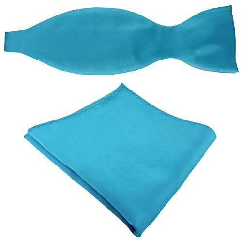 TigerTie schöne Satin Selbstbinder Fliege + Einstecktuch in türkis türkisblau wasserblau Uni einfarbig von TigerTie