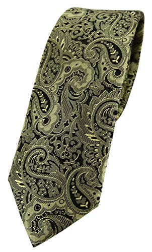 TigerTie - schmale Designer Seidenkrawatte in grün oliv schwarz Paisley gemustert von TigerTie