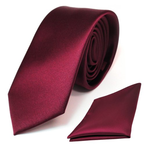 TigerTie Schmale Kinderkrawatte + Einstecktuch in Satin bordeaux uni einfarbig von TigerTie