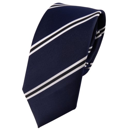 TigerTie - schmale Designer Krawatte in blau dunkelblau royal schwarz weiß gestreift von TigerTie