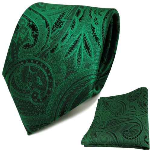 TigerTie Designer Krawatte + Einstecktuch grün smaragdgrün schwarz Paisley von TigerTie