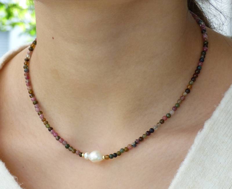 Multi Turmalin Perlenkette 14K Gold Filled, Süsswasserperle von TigerlillyJewellery
