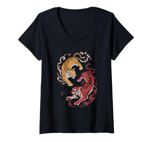 Damen Japanische Kunst Tiger Gut Und Teufel T-Shirt mit V-Ausschnitt von Tigers Tiger Lover Gifts