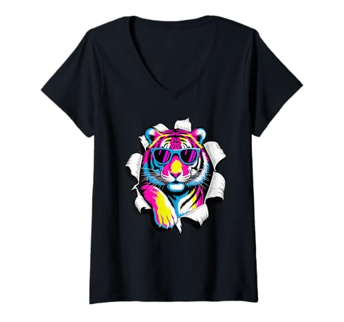 Damen Paint Art Tiger Sonnenbrille T-Shirt mit V-Ausschnitt Damen Paint Art Tiger Sonnenbrille T-Shirt mit V-Ausschnitt von Tigers Tiger Lover Gifts
