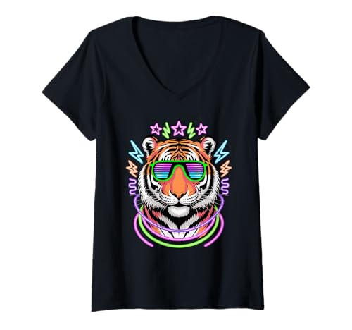 Damen Party Tiger Sonnenbrille T-Shirt mit V-Ausschnitt Damen Party Tiger Sonnenbrille T-Shirt mit V-Ausschnitt von Tigers Tiger Lover Gifts