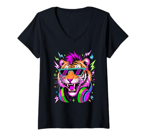 Damen Punk Ära Stil Tiger Sonnenbrillen T-Shirt mit V-Ausschnitt Damen Punk Ära Stil Tiger Sonnenbrillen T-Shirt mit V-Ausschnitt von Tigers Tiger Lover Gifts