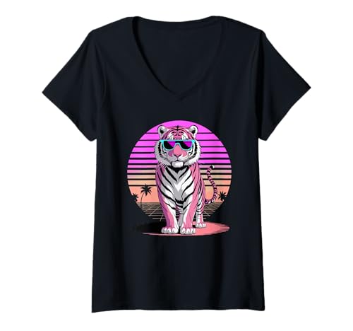 Damen Retro Synthwave Tiger Sonnenbrille T-Shirt mit V-Ausschnitt Damen Retro Synthwave Tiger Sonnenbrille T-Shirt mit V-Ausschnitt von Tigers Tiger Lover Gifts